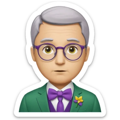 ellow-skinned man with neatly parted brown-gray hair, thick rectangular eyebrows, large round eyes behind thin glasses, a pointed nose, and a green suit with a white collar and purple bow tie. sticker