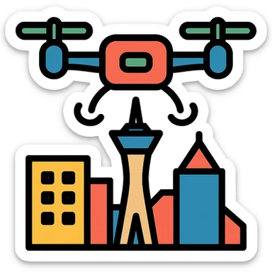 modern color icon of a drone flying over the Las Vegas skyline sticker