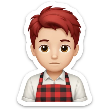 boy with hair up wearing a black, red, and white plaid apron sticker