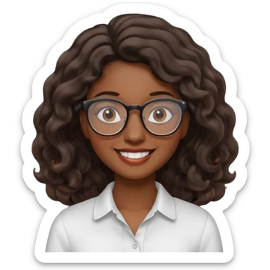 Emoji of a wavy hear dark young woman with glasses and a white shirt smile sticker