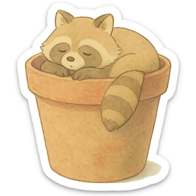 sleepy raccoon inside a flower pot, pastel earthy colors, soft Ghibli style sticker