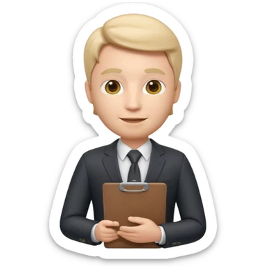 Apple Memoji-style 3D emoji of a manager character in a suit holding a clipboard, soft shading, rounded shapes, clean gradients, no background.
 sticker