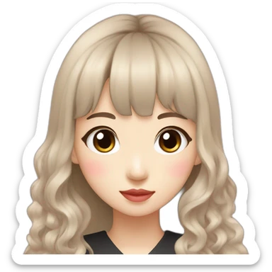 Korean student woman with bangs and wavy long black korean hairstyle, light skin tone, pink lips, black eyes sticker