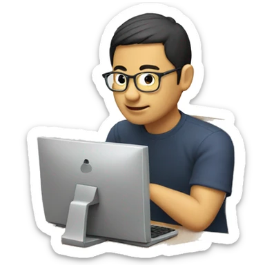 Make an image of an asian spectacle guy using his computer to do coding sticker