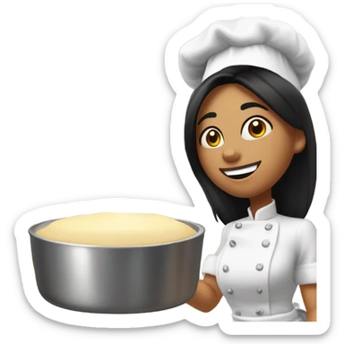 White woman with straight black hair cooking a soufflé while teaching a graduate class on her birthday sticker