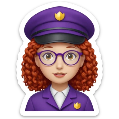 scout girl with red curly hair and uniform and hat and glassess and purle uniform sticker