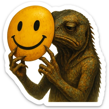 a sad lizard taking off a happy emoji mask, dramatic, clear contrast between lizard and mask, vivid colors, detailed face sticker