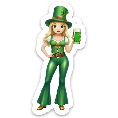 Blonde haired girl in glittery green bell bottoms and tall leprechaun hat holding a green beer sticker