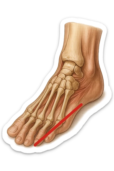 spazio dall'avampiede al tallone umano sottolineato in rosso, fai l'arto umano anatomico realistico con evidenza su quel tratto sticker