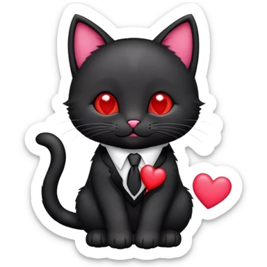 black kitty cat with a tie holding a heart emoji in his paws sticker