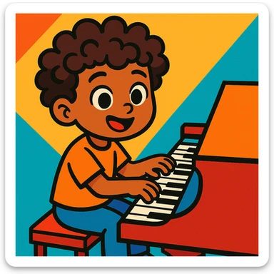 a kid with curly hair and brown eyes playing piano, vibrant cartoon style sticker
