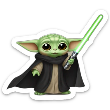 Create a baby Yoda with a lightsaber and a black cape, baby Yoda must be sinister sticker