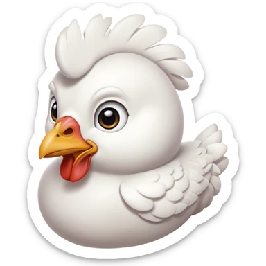 Cinematic Noble White Chicken Portrait Emoji, Poised and regal, with a compact, sturdy build and a pristine, well-groomed pure white plumage, deep-set soulful beady eyes, Simplified yet sharp and sophisticated features, highly detailed, glowing with a soft, dignified glow, high shine, intelligent and alert, stylized with an air of barnyard elegance, focused and attentive, soft glowing outline, capturing the essence of a watchful and confident fowl, so majestic it feels as though it could strut out of the screen with effortless authority! sticker