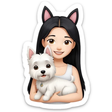 A asain girl with long black hair. She is wearing a white crop top. The girl is smiling and hugging a west highland terrier with big ears  sticker