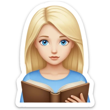 A beautiful girl with blond hair and blue eyes reads sticker