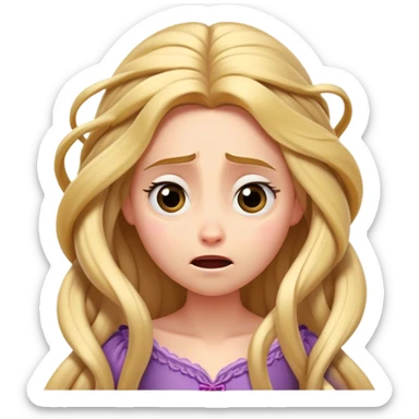 Cinematic Funny Rapunzel Portrait Emoji, Looking exhausted while tangled in her own hair, a dramatic sigh, eyes rolling with humorous exasperation, a hilariously relatable moment for the long-haired princess! sticker