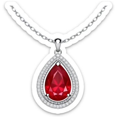 teardrop ruby pendant pulsing fiery red, cradled in a floating silver chain, haloed by glistening white stones like stardust sticker
