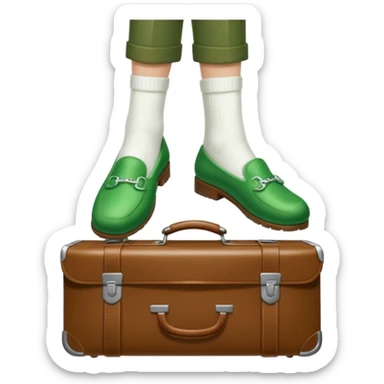 Feet with white socks wearing green slippers standing on a briefcase sticker