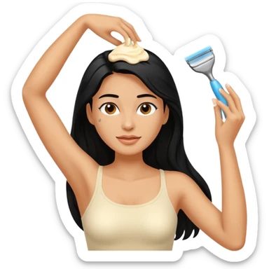 woman black long hair shaving armpit with cream on armpit sticker