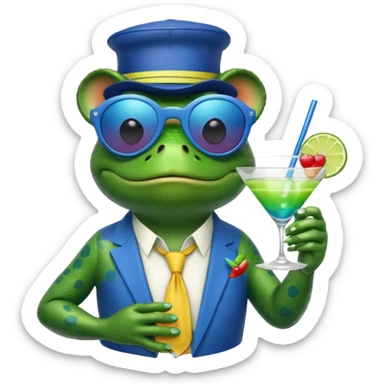 Bufo frog with blue sunglasses, sipping a rainbow cocktail, in bufo style, transparent background sticker