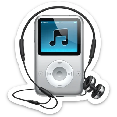 Futuristic iPod emoji with earphones, metallic black and white, smooth reflective surfaces, flat minimal vector design, clean UI style sticker