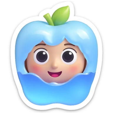 Cute Apple Memoji iceberg emoji, 3D, glossy icy finish, white and pale blue, rounded, shiny, big expressive eyes, tiny smile, floating in ocean, Pixar-style, soft shadows, minimal and adorable sticker