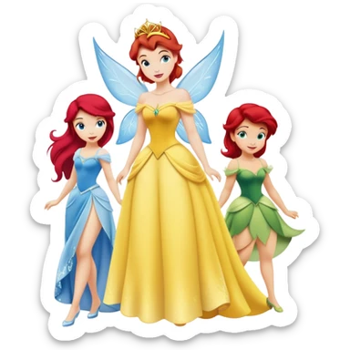 four minimal Disney princesses in one image: Belle with yellow dress, Tinkerbell with wings, Ariel with red hair and tail, Cinderella with blue dress sticker