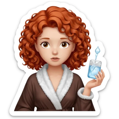 Cartoon emoji of a girl with voluminous curly red hair, fair skin, warm brown eyes. Wearing a chic milky silk robe with long sleeves, no makeup. Portrait mode, holding a ice cube for face skin care, looking doubtful and unsure. Smooth, simple, stylized." sticker