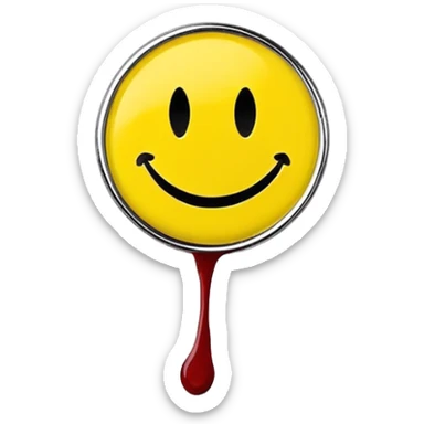 Yellow smiley face pin with a small blood splatter from Watchmen comic book sticker