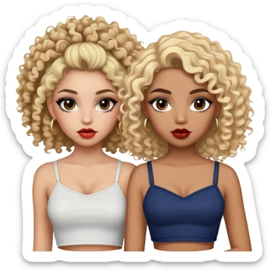 Two teenage girls together, one white with blonde hair and one brown-skinned with curly dark hair, both with heavy makeup, big lips, crop tops and choni style clothing sticker