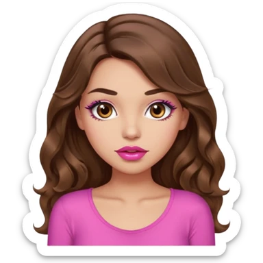 girl with long wavy brown hair, brown eyes, light to medium complexion, in a pink sexy top, pink lips, long lashes, puckered lips, what ever sticker