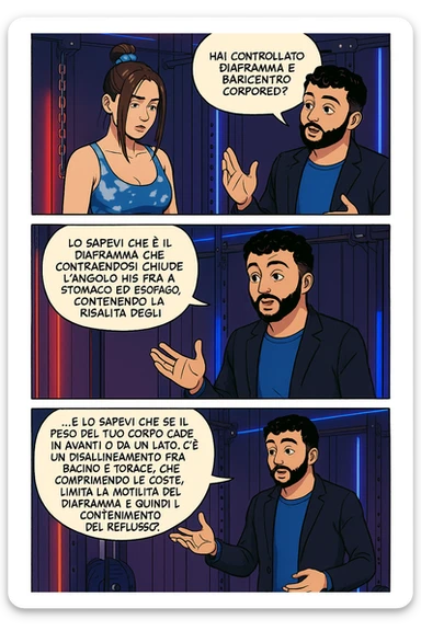TRASFORMA QUESTO CAROSELLO IN UN FUMETTO STILE WEBTOON/MANGA A COLORI CON QUESTE DUE PERSONE IDENTICHE CHE INTERLOQUISCONO TRA LORO, L'uomo sta spiegando alla donna questo concetto:

LUI (UOMO): Hai controllato diaframma e baricentro corporeo?
LUI (UOMO): Lo sapevi che è il diaframma che contraendosi chiude l’angolo his fra stomaco ed esofago, contenendo la risalita degli acidi grassi?
LUI (UOMO): …e lo sapevi che se il peso del tuo corpo cade in avanti o da un lato, c’è un disallineamento fra bacino e torace, che comprimendo le coste, limita la motilità del diaframma e quindi il contenimento del reflusso? sticker