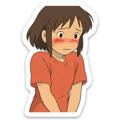ghibli style character looking embarrassed, blushing, shy posture sticker