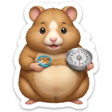 fat hamster holding pregnant belly smiling holding a tiny food scale sticker
