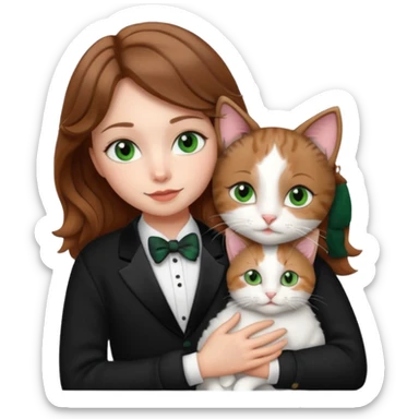 A pretty white girl with hazel brown eyes and brown wavy hair in a cosy white knit sweater, hugging a black and whitebtuxedo cat with green eyes sticker
