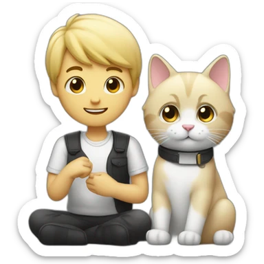 a blond man who makes a heart with his hands and sits next to a black and white cat sticker