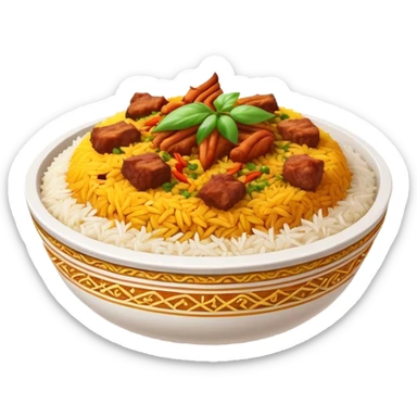 Cinematic Realistic Biryani Dish Emoji, depicted as aromatic basmati rice layered with spiced meat and herbs rendered with vibrant textures and warm, inviting lighting. sticker