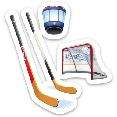 Please, make An icon showing a close-up of a hockey stick, puck, skates, and hockey net placed on the ice. The background features a packed stadium with bright lights, cheering fans, and snowy scenery outside. Transparent background highlights the key elements of the game. sticker