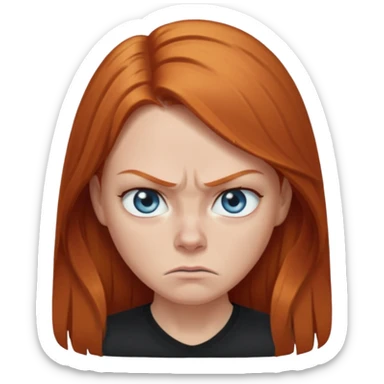 Ginger head woman with long hair and lightblue eyes, straight nose, almond eyes, black shirt. She is angry  sticker