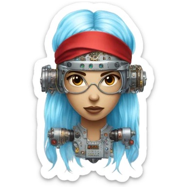 Light blue long hair female cyborg head with red steampunk headband goggles and circuits sticker