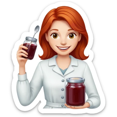 redhead woman with big smile holding a glass jar with jam in one hand and a little spoon with jam in other hand sticker
