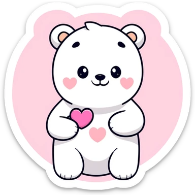 white bear holding a pink heart in hand, sticker style sticker