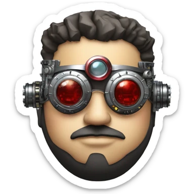 Fat cyborg head with red silver steampunk goggles, black beard and circuits sticker