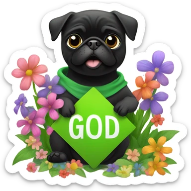 Black pug , surrounded by flowers, holding a green sign that says “good luck”  sticker
