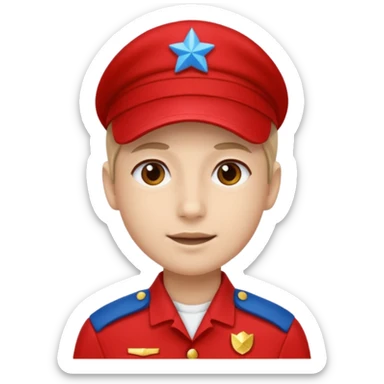 Vendeur comptoir habiller en rouge portant une casquette bleueu sticker