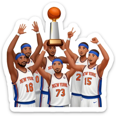 New York Knicks basketball team winning NBA championship trophy, celebration, blue and orange colors sticker