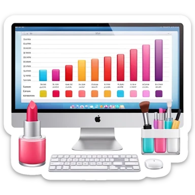 iMac computer with bar charts and beauty products like lipstick, nail polish, cream jars on the screen sticker