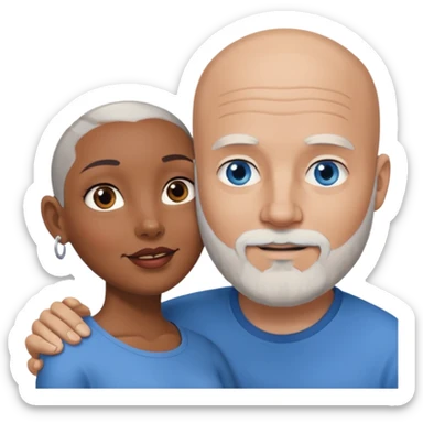 Talk bald white man with a white beard and blue eyes lovingly holding a black woman with brown eyes and grey hair sticker