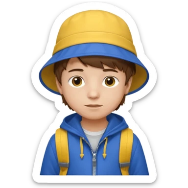 Little student, brown hair boy, wears blue bucket hat and jacket, yellow backpack, shy sticker
