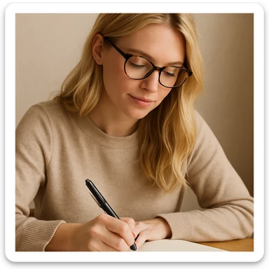 blonde woman wearing glasses, writing in a notebook sticker